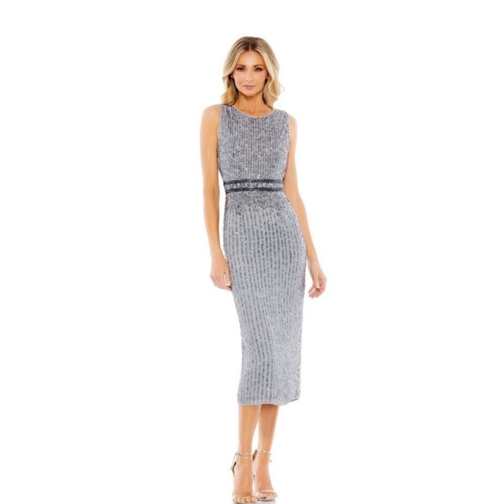 Mac Duggal 10509 Sleeveless High Neck Beaded Midi Sheath Dress Platinum NWT